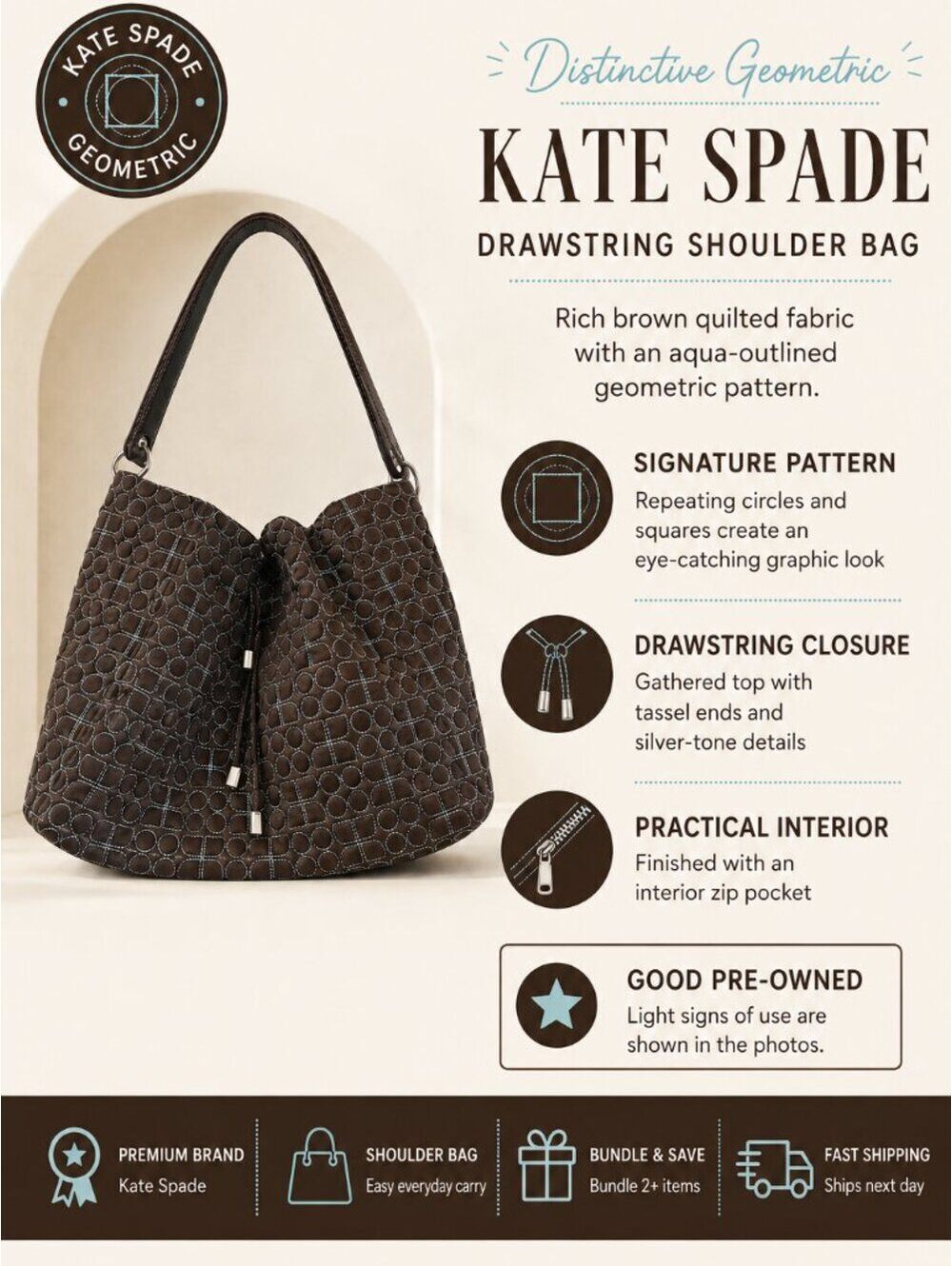 Kate Spade | Brown Geometric Drawstring Shoulder Bag
